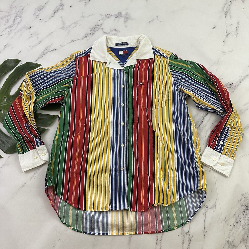Tommy Hilfiger Womens Vintage Y2k Button Up Top Size 12 Red Yellow Stripe Bold